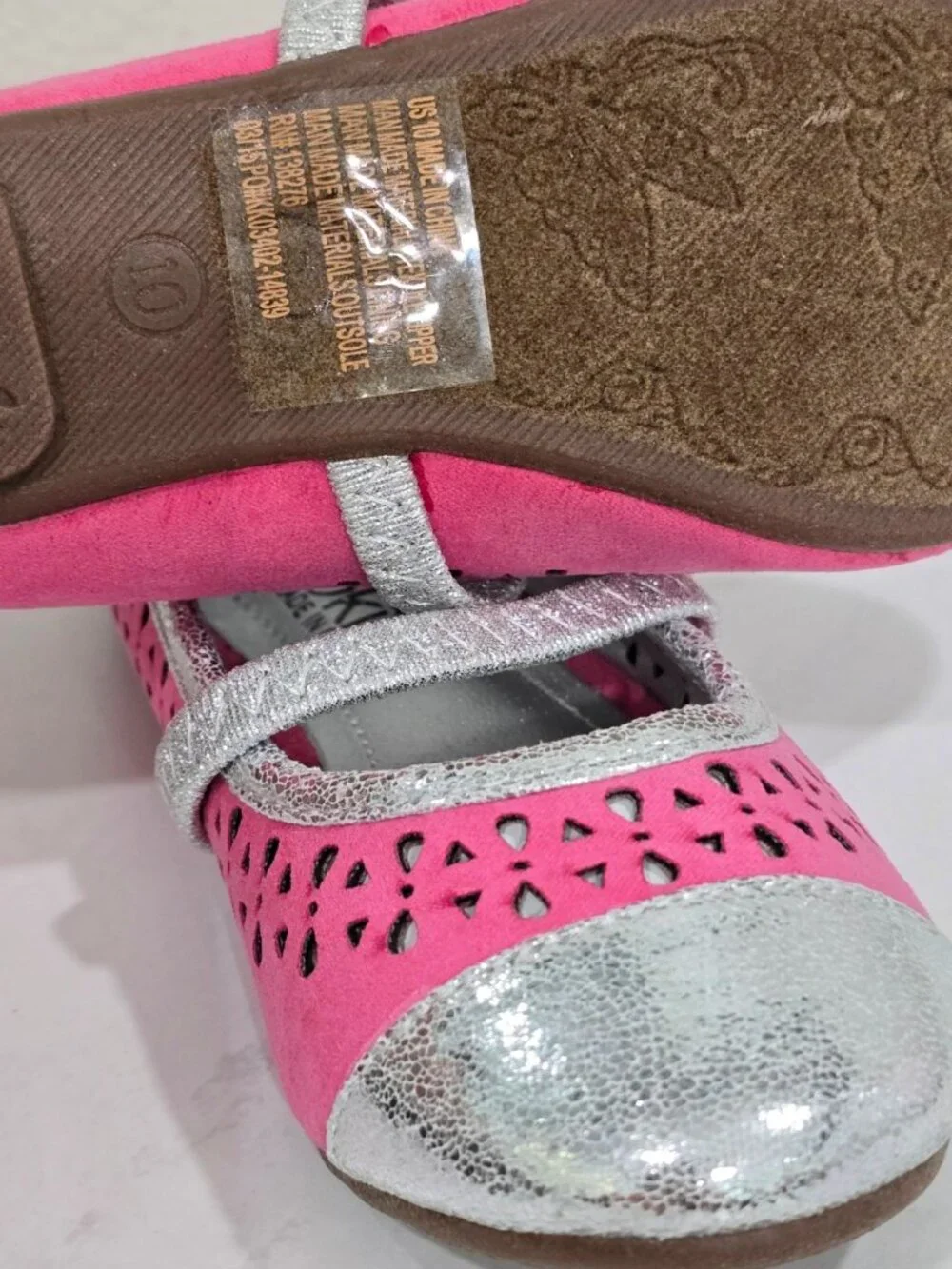 FabKids ✦ Pink & Silver Ballet Flats ✦ Cap Toe Perforated Upper Strap 10 NWT